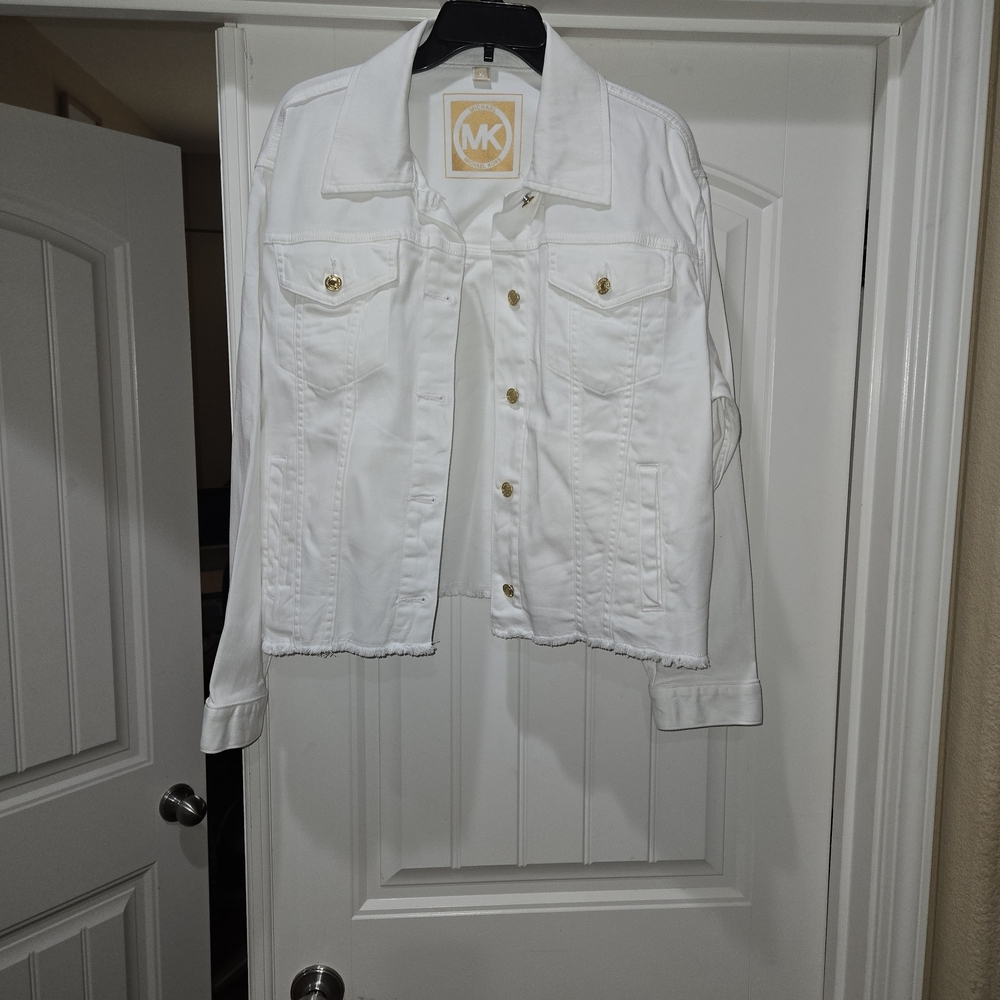 Michael Kors White Denim Jacket with gold signature buttons  Size XL